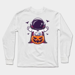 Cute Astronaut Dracula With Pumpkin Halloween Cartoon Long Sleeve T-Shirt